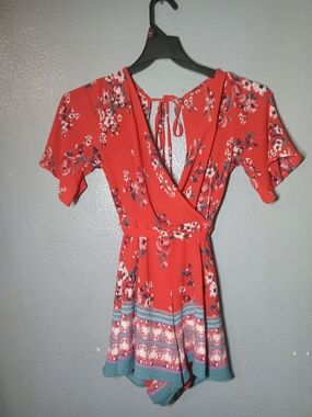 Floral Wrap Romper in Red